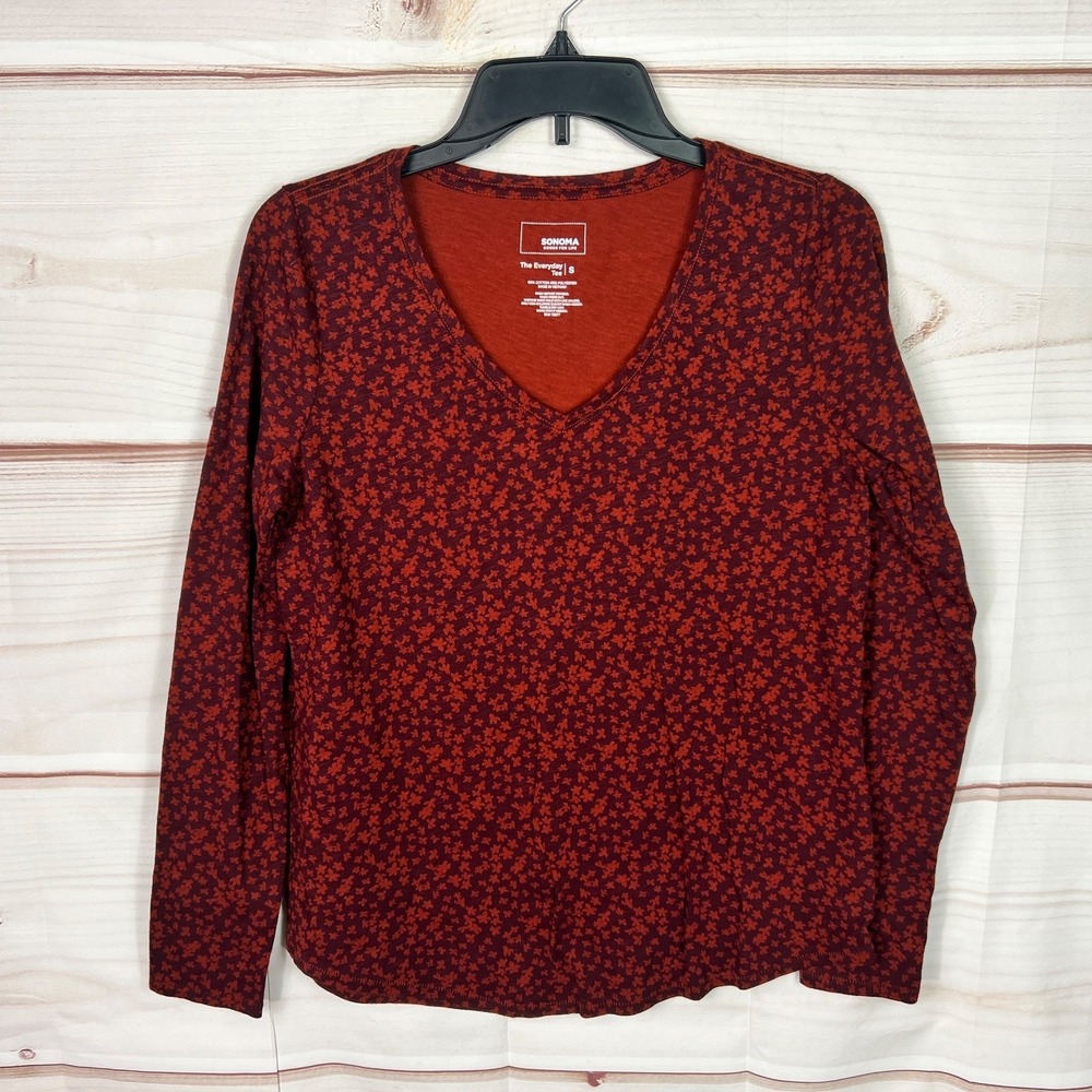 Sonoma Top Womens Small Burgundy Floral Everyday T-Shirt V-Neck Long Sleeve Knit